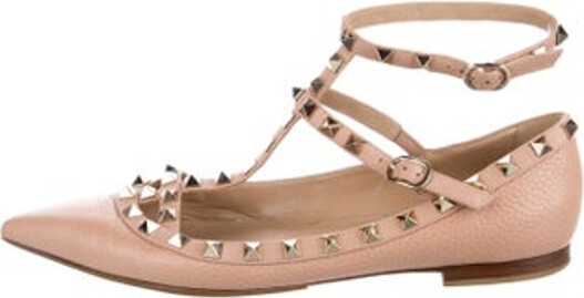 Valentino Leather Flats Grey & Neutrals Rockstud Accents Pointed-Toes with Studded Accents Multistrap & Buckle Closure at Ankles Designer