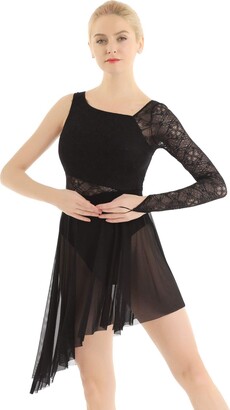inlzdz Womens Lyrical Lace Single Sleeve Asymmetric Leotard Dress Modern Contemporary Ballet Dance Dress