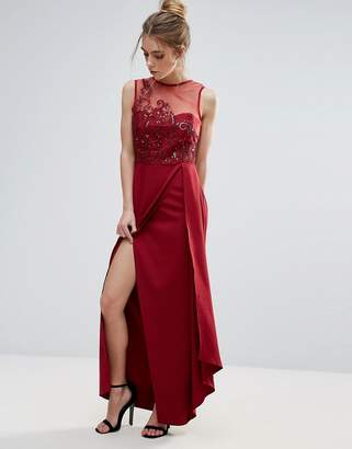 Little Mistress Red Lace Applique Maxi Dress