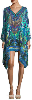 Camilla V-Neck Long-Sleeve Embellished Silk Kaftan, One Size