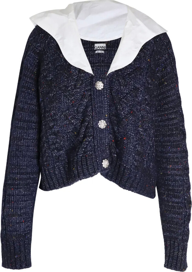 Ganni Cable-Knit Poplin-Collar Cardigan