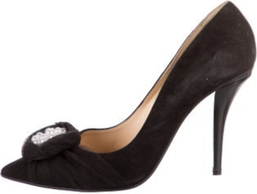 Au Jour Le Jour Suede Pumps Black Beaded & Mesh Accents Semi-Pointed Toes