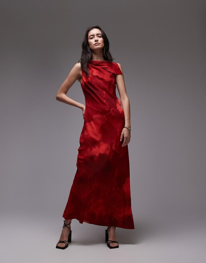 Topshop asymmetric neck bias cut midi dress in red mineral