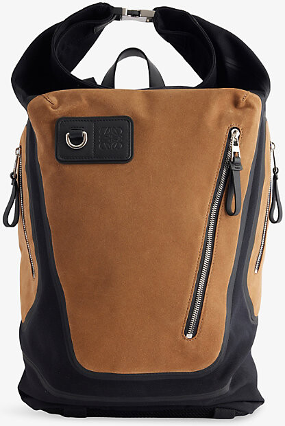 Loewe Mens Black/Dark Gold Roll Top Logo Canvas Backpack