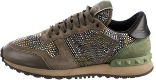 Valentino Suede Low Top Sneakers Brown Printed Rockstud Accents Round-Toes with Crystal Embellishments Lace-Up Closure at Uppers