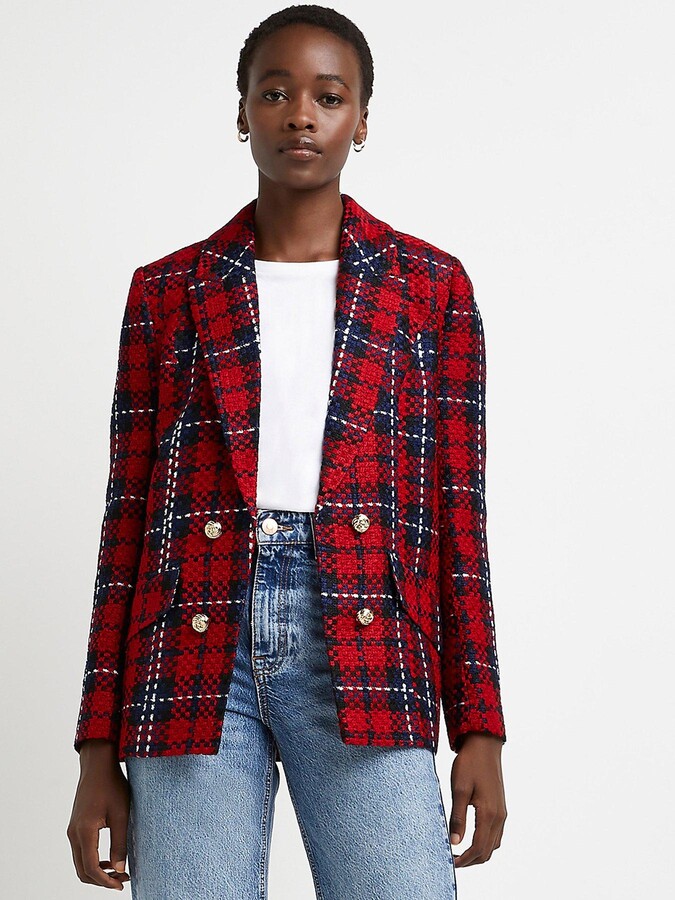 River Island Tartan Boucle Blazer-Red ShopStyle Blazers