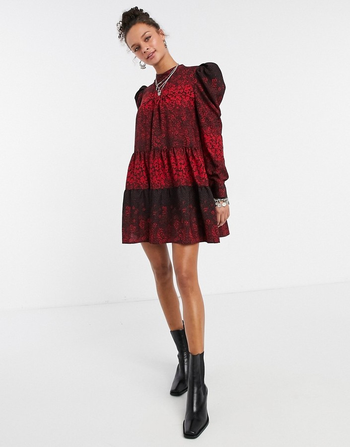 Topshop high neck puff sleeve mini dress in red print - ShopStyle
