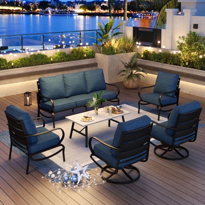 Metal Slatted 7-Seat 6-Piece Outdoor Patio Conversation Set with Peacock Blue Cushions Table with Marble Pattern Top