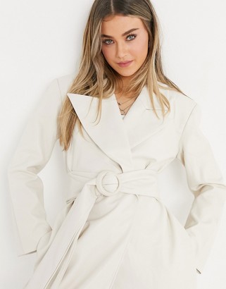 ASOS DESIGN belted leather look trench in cream