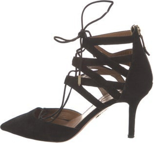 Aquazzura Suede T-Strap Pumps Black Semi-Pointed Toes Wrap-Around Straps & Zip Closures at Shafts
