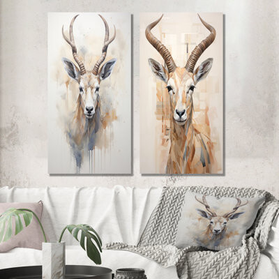 Millwood Pines Minimalism Beige Antelope Ibex - Antelope Canvas Wall Art Set Of 2