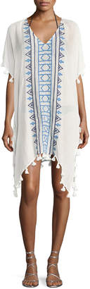 Seafolly V-Neck Embroidered Jacquard Kaftan Coverup W/ Tassels, One Size