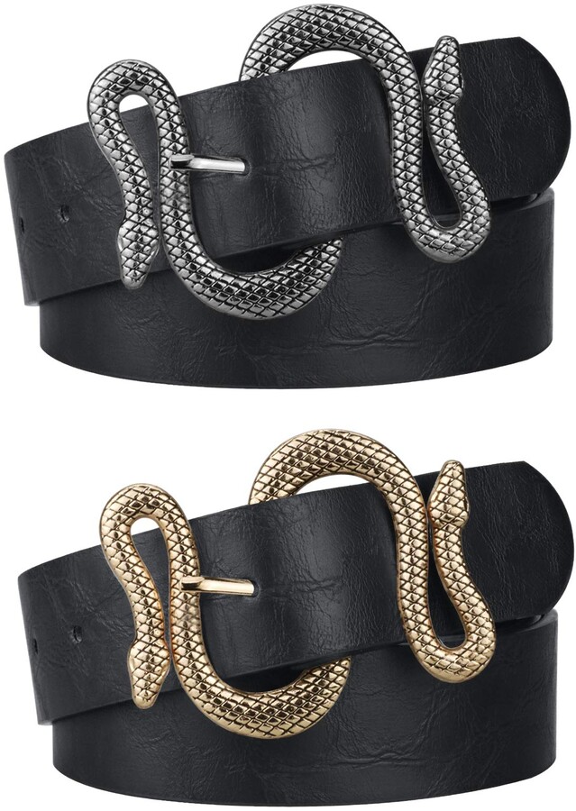Alphyly 2 Pack Leather Belts for Women Fashion PU Leather Jeans Dress Belt  Snake Buckle Belt - Black - Large - ShopStyle