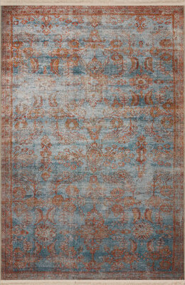 Bloomsbury Market Blue-Beige Themed Traditional Motif Patterned Fringed Vintage Decorative Rug