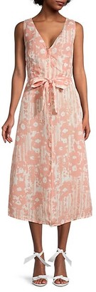 120% Lino Desert Floral Print V Neck Button Front Dress