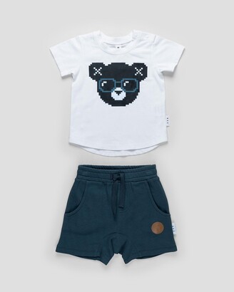 Huxbaby Boy's White Shorts - ICONIC EXCLUSIVE - Digi Bear Short Set - Babies-Kids