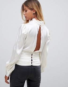 ASOS Design DESIGN long sleeve satin cowl neck top with gathered waist