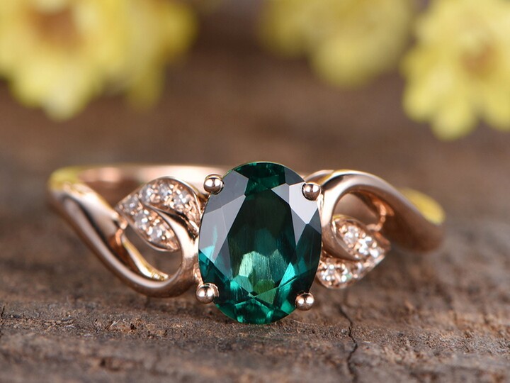 Etsy Emerald Engagement Ring 14K Rose Gold Diamond Wedding Band Floral Leaves Promise 6x8mm Oval Emerald Birthstone Rings Gifts