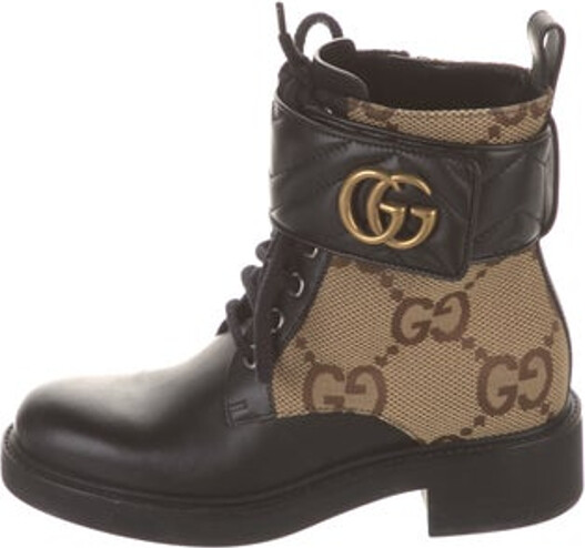 Gucci Leather Ankle Boots Neutrals GG Canvas Suede & Canvas Trim Round-Toes Platform Lace-Up Closure at Uppers, Exposed Zip Closure at Sides & Velcro Closure at Ankles Wrap-Around Straps Includes Box