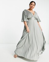 Thumbnail for your product : ASOS Curve ASOS DESIGN Curve Bridesmaid pleated flutter sleeve maxi dress with satin wrap waist in olive