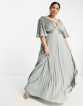 ASOS Curve ASOS DESIGN Curve Bridesmaid pleated flutter sleeve maxi dress with satin wrap waist in olive