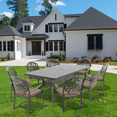 Darby Home Co 9-Piece Set Of Cast Aluminum Patio Furniture With Brown Cushions