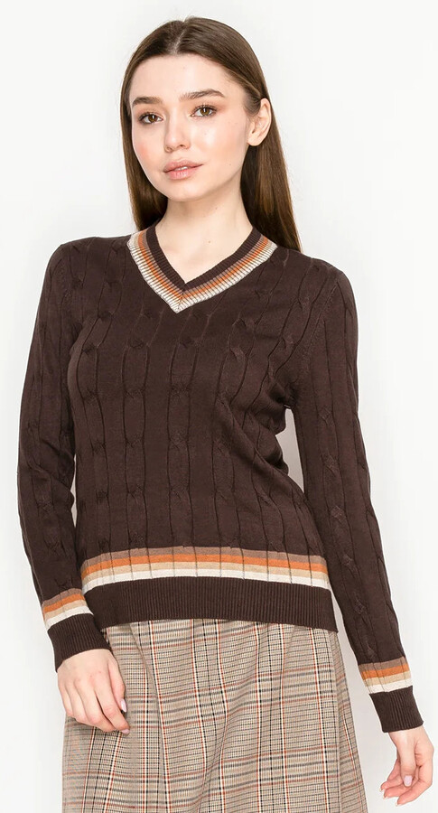 YAL New York Striped-Trim Brown Knit Top with V-Neck