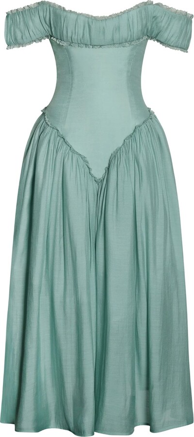 Miss Circle New York Xavy Teal Green Off Shoulder Corset Midi Dress
