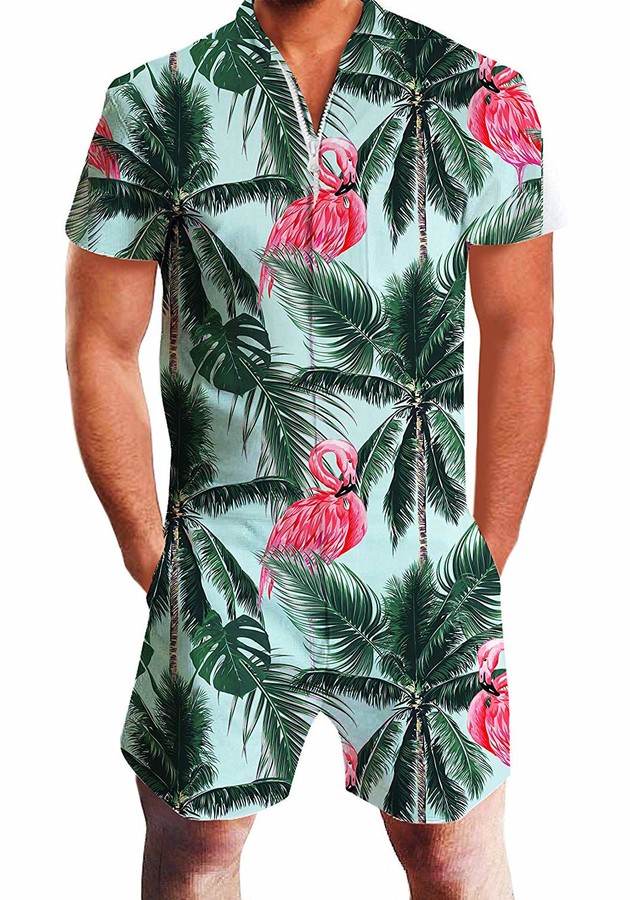 Belovecol Romper for Men Onesie Hawaiian Shirt Shorts 3D Overalls Zip ...