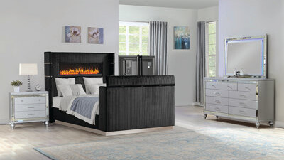Everly Quinn Lavish Modern Style 4 Pc King Bedroom Set Made With Fireplace In Headboard & TV Stand In Footboard With Wood In Black