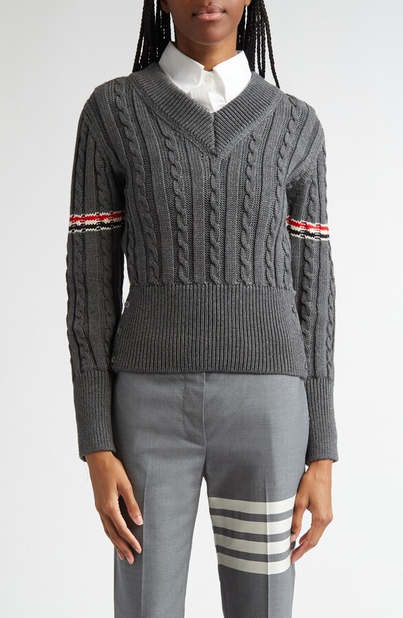 Thom Browne Cable Knit Virgin Wool V-Neck Sweater