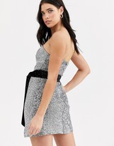 Thumbnail for your product : Fashion Union bandeau mini dress with velvet tie waist in allover silver sequin