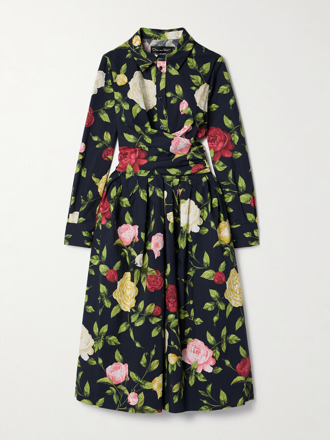 Oscar de la Renta Wrap-effect Floral-print Cotton-blend Poplin Midi Dress - Blue