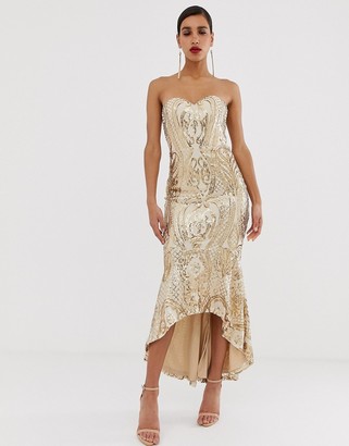 Bariano embellished patterned sequin sweetheart maxi dress dress in gold