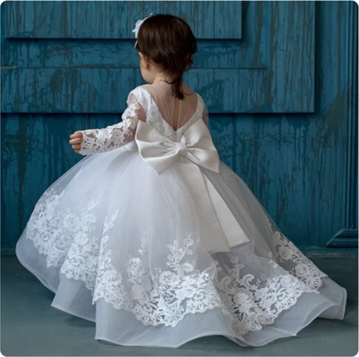 gdybao White Lace Flower Girl Dresses Tulle Full Sleeve Puffy For Weddings Kids Birthday Party Pageant First Communion Ball Gowns