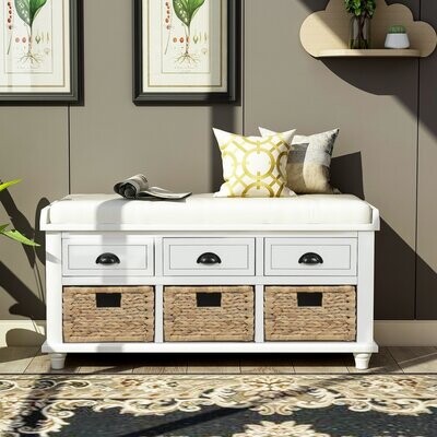 White Twin Seater Storage Bench Home Furniture w/ Drawers Wicker Baskets Cushion 
