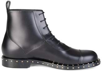 Valentino Garavani Rockstud Sole Leather Combat Boots Black
