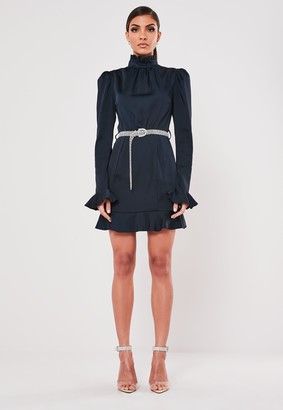 Missguided Navy High Neck Diamante Belted Mini Dress