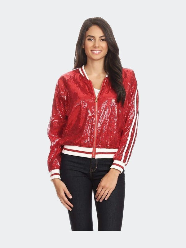 AnnaKaci Striped Metallic Sequin Varsity Jacket Red ShopStyle