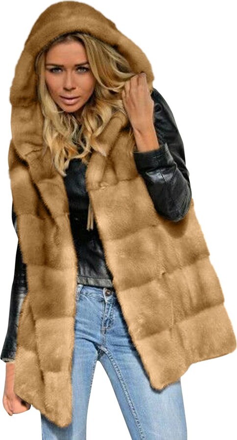 Fhuuly Women Fluffy Gilet Jackets Sleeveless Hooded Cardigan Faux Fur  Jacket Vest Solid Color Waistcoats Outwear （Khaki - ShopStyle
