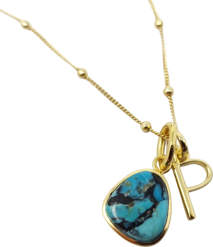 Harfi Gold / Blue Gold Vermeil Plated Blue Turquoise December Birthstone Initial Pendant Charm Necklace