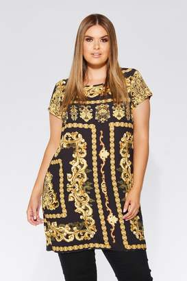 Quiz Curve Black And Gold Print Tunic Dress