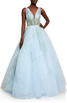 Thumbnail for your product : Jovani Deep V-Neck Sleeveless Jeweled-Waist Ball Gown