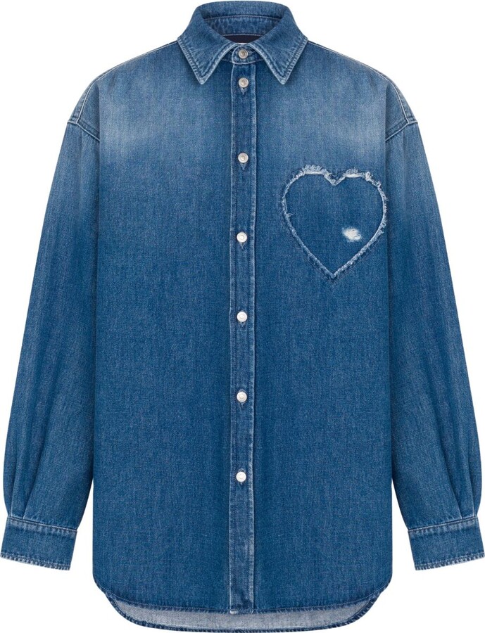Moschino Frayed Heart-Patch Denim Shirt
