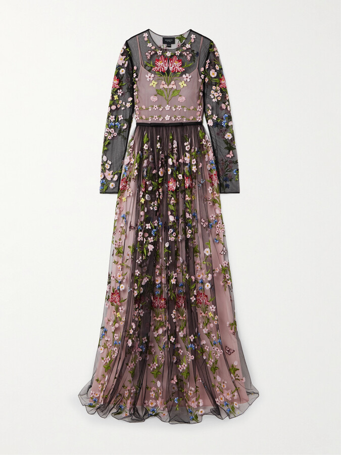 Giambattista Valli Belted Pleated Embroidered Tulle Gown - Black