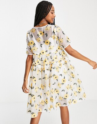 Sister Jane Lady Love smock dress in organza with embroidered flowers in yellow