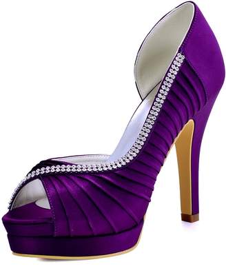 Elegantpark EP11064-IPF Women High Heel Pumps Peep Toe Pleated Satin Rhinestones Platform Blue Wedding Party Shoes US 4