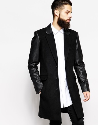 ASOS Wool Overcoat With Leather Look Sleeves