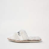 Thumbnail for your product : River Island Womens Cream faux fur embellished slider slippers