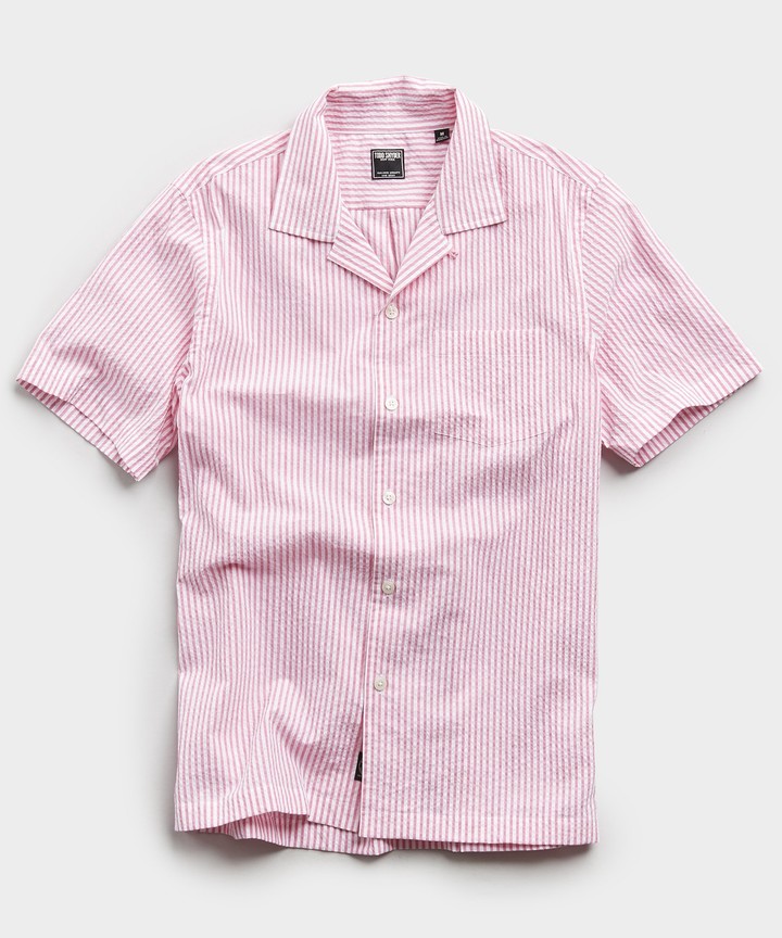 Todd Snyder Camp Collar Seersucker Stripe Short Sleeve Shirt in Pink ...